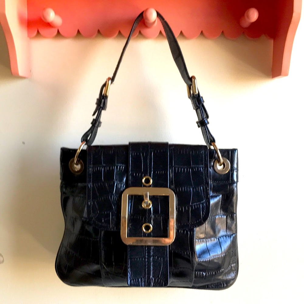 VTG Ann Taylor Y2K shoulder bag black croc embossed leather gold buckle